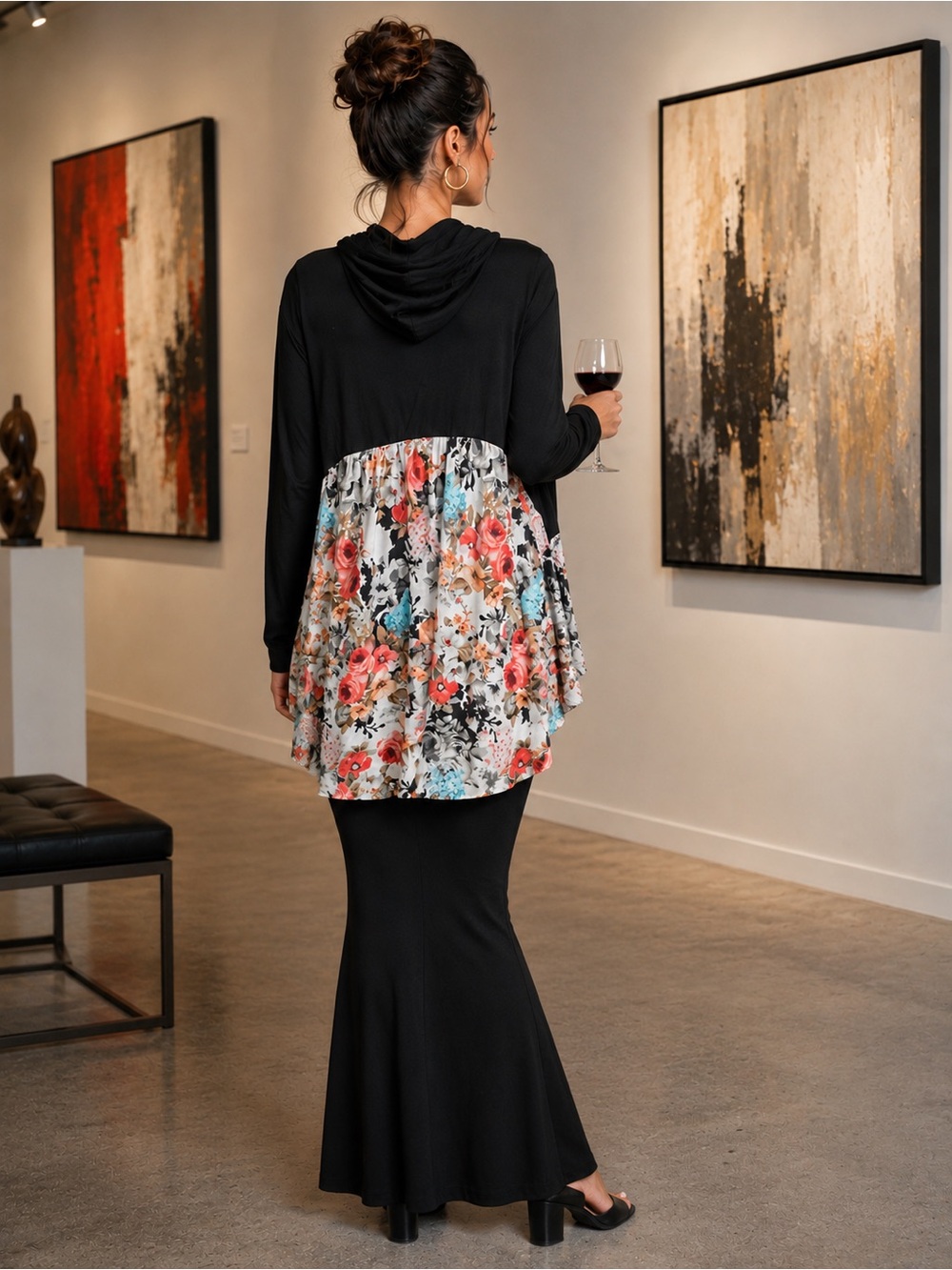Women's Black Cowl Neck Floral-Back Cardigan
